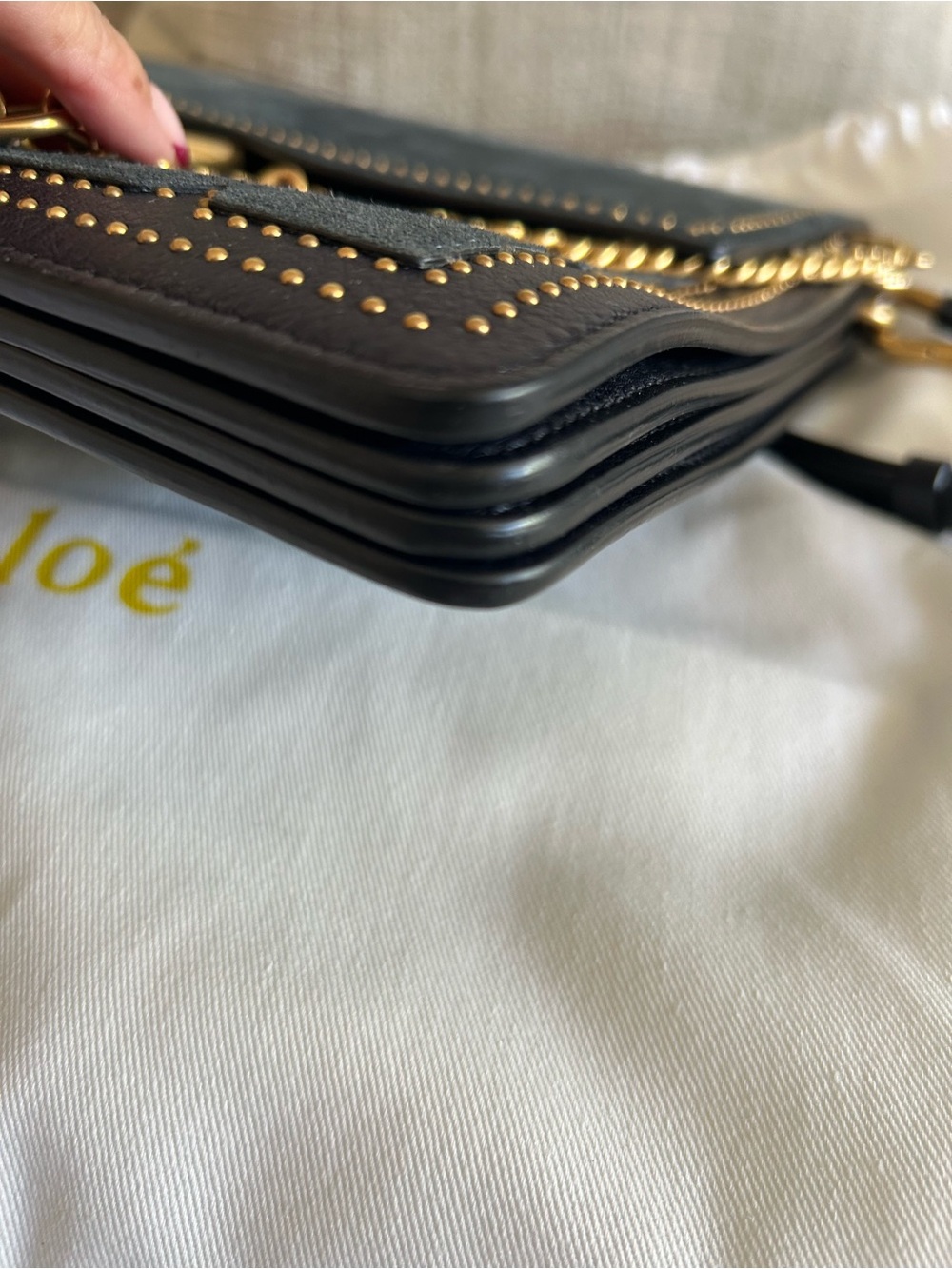 Chloé Navy Medium Studded Faye Suede Shoulder Bag with Gold Ring & Chain - Picture 8 of 16